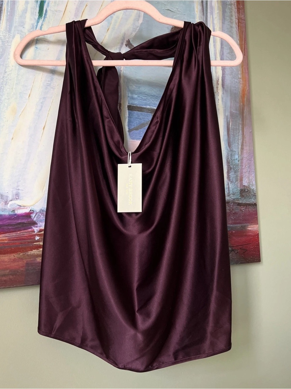Ramy Brook Satin Draped Halter Tank Top in Deep Plum